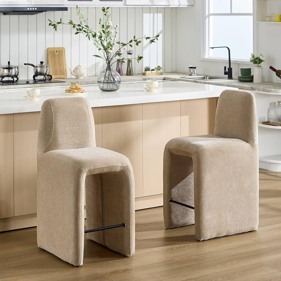 26" Upholstered Counter Height Bar Stools Set of 2, Modern Khaki Chenille Bar Stools with Support... | Amazon (US)