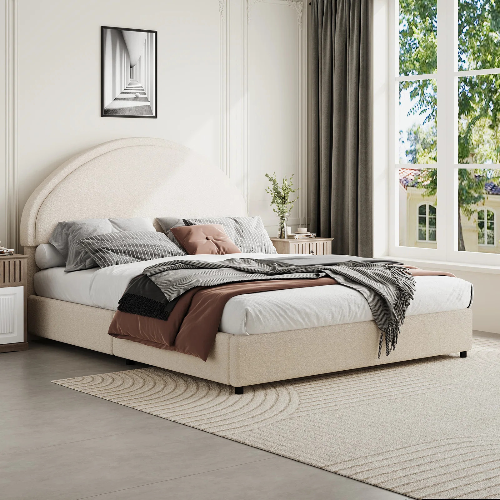 Luxury Curve-Shaped Headboard Bed Frame, Elegant Boucle Upholstered Platform Bed with Modern Desi... | Wayfair North America
