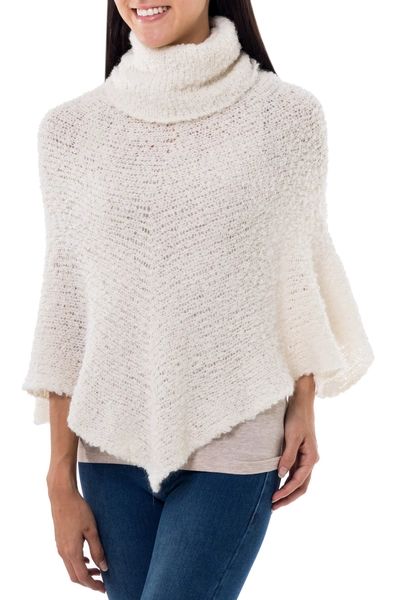 Natural Off-White Baby Alpaca Blend Boucle Turtleneck Poncho | NOVICA