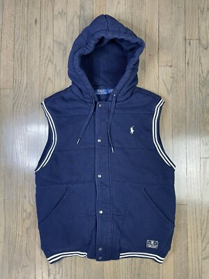 Polo Ralph Lauren Hooded Vest Men’s Sz M Full Zip Quilted Cotton Fleece Navy | eBay US