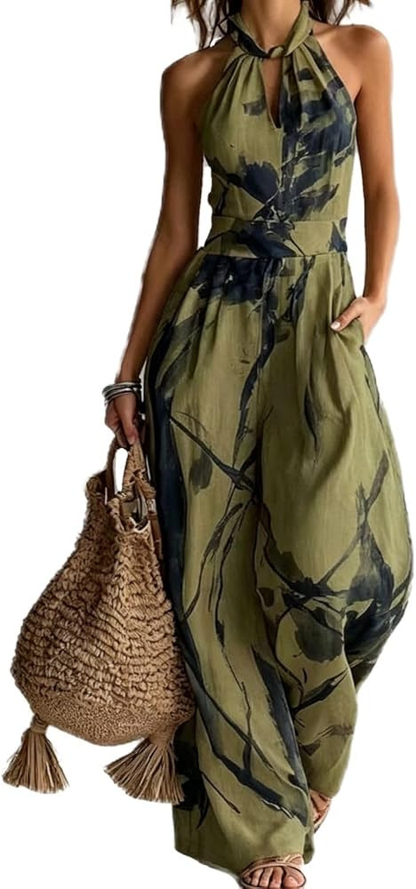 Backless Rompers for Women Casual Ink Printed Sleeveless High Waist Wide Leg Jumpsuit Sexy Halter... | Amazon (US)