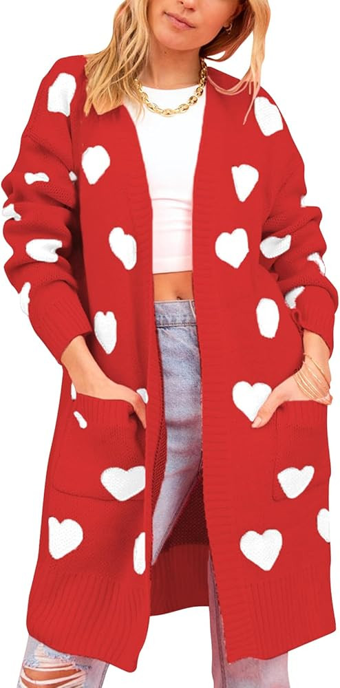 HOULENGS Women's Cute Heart Print Long Cardigan Sweater V Neck Open Front Knitted Sweater Coats w... | Amazon (US)