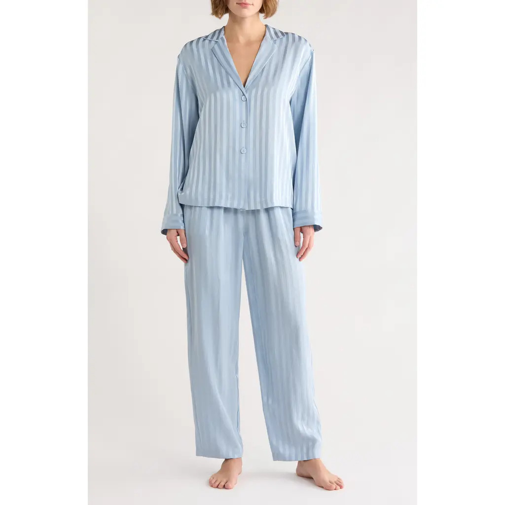 Lunya Stripe Washable Silk Button-Up Pajamas in Frosted Lagoon Jacquard at Nordstrom, Size X-Large | Nordstrom