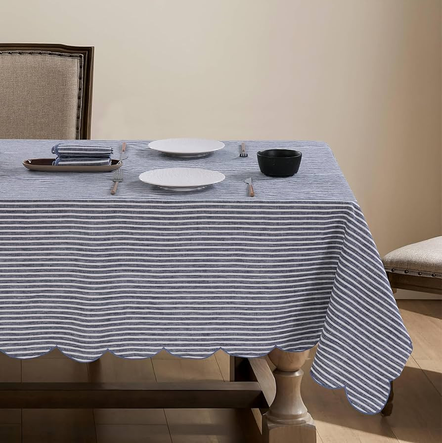 100% French Flax Linen Tablecloths Scalloped Embroidery Rectangle 120Lx60W Inch for Dinners, Part... | Amazon (US)