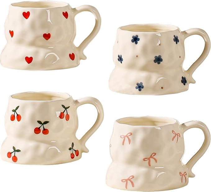 Cute Floral Coffee Mug Set of 4-12oz Ceramic Flower Embossed Cups with Petal Handles, Dishwasher ... | Amazon (US)