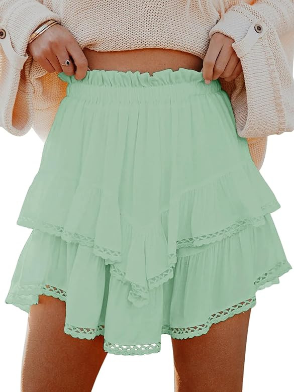 Flowy Shorts for Women Casual Boho Ruffle Tiered Skorts High Waist Mini Skirts Golf Tennis Croche... | Amazon (US)