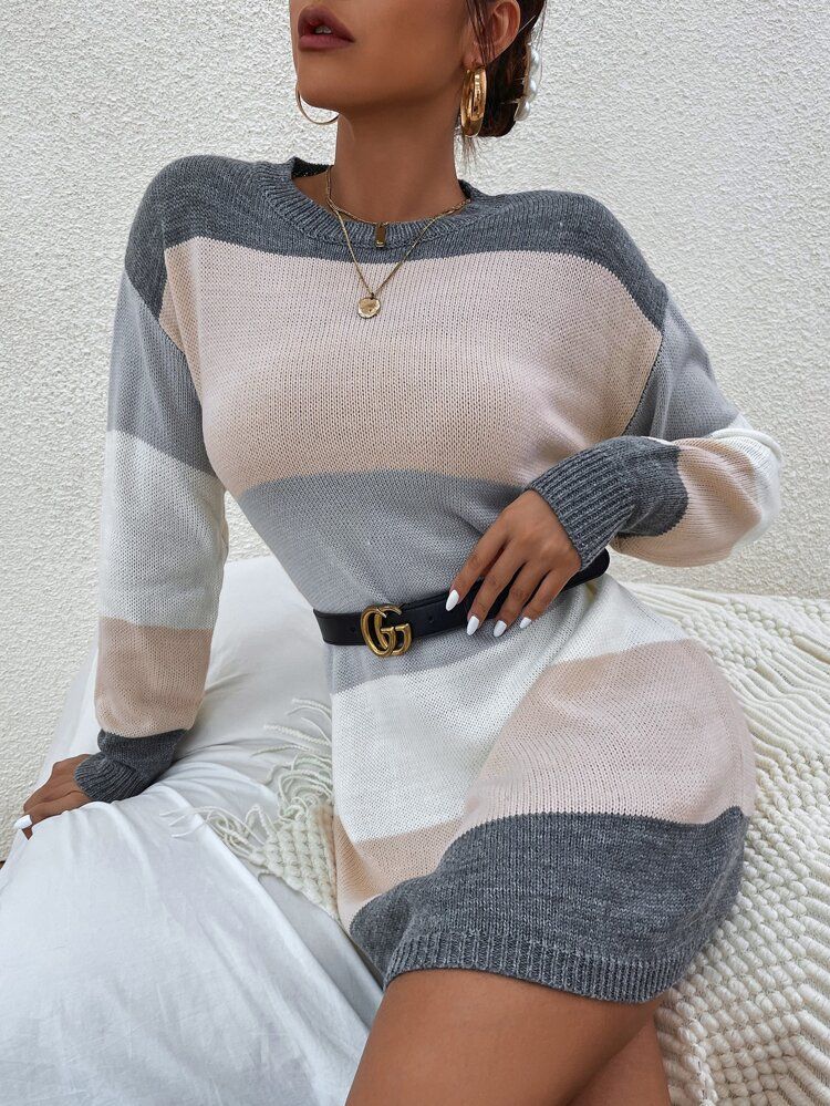 Colorblock Drop Shoulder Sweater Dress Without Belt | SHEIN