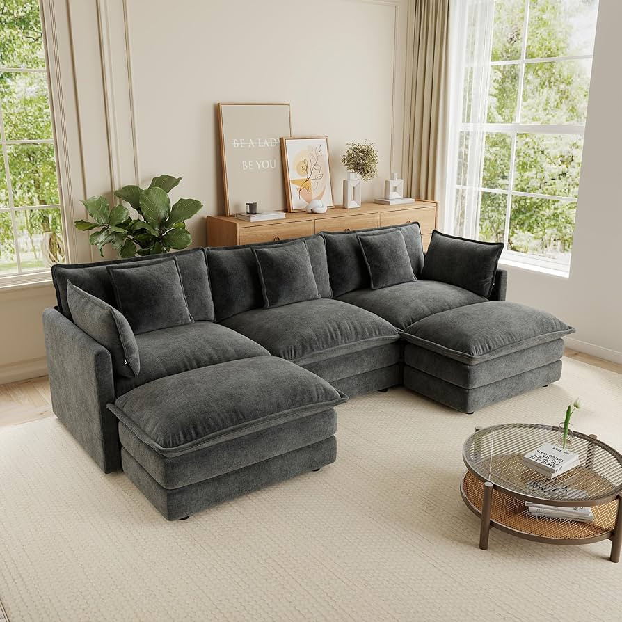 111.5" Modular Sectional Couch, Chenille Cloud Couch Sofa with Pillow and Movable Ottoman, U Shap... | Amazon (US)