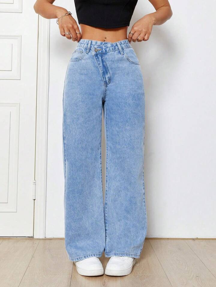 SHEIN PETITE Casual Asymmetrical Mid-Rise Straight Leg Jeans With Washed Finish | SHEIN