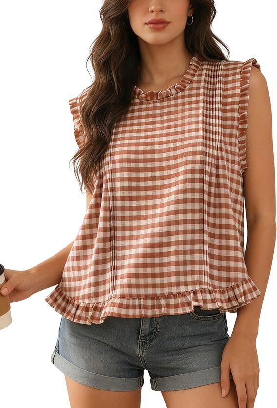 Xiaoxuemeng Womens Sleeveless Plaid Top Retro Back Button Down Shirt Casual Summer Vest Blouse | Amazon (US)
