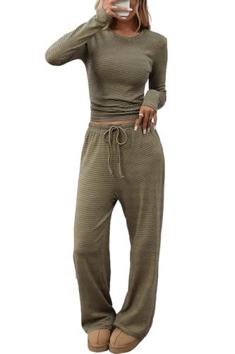CHYRII Sets for Women Travel Outfit Wide Leg Pant Striped Cute Tops 2 Piece Lounge Sets Matching Sets Coffee + Yellow S | Amazon (US)