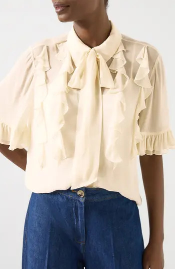 LK Bennett Corissa Ruffle Chiffon Button-Up Shirt in Ivory at Nordstrom Rack, Size 10 Us / 14 Uk | Nordstrom Rack