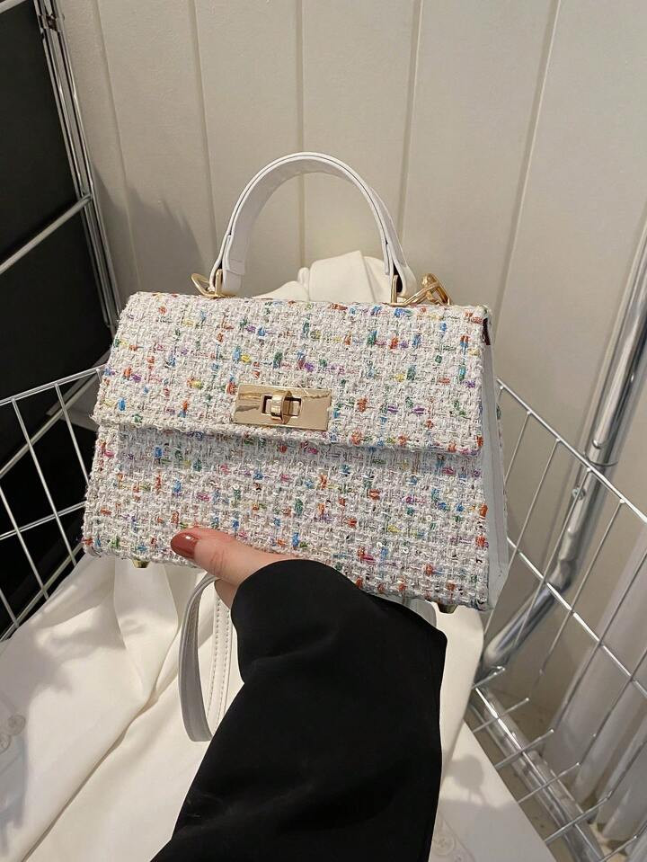Lightweight, Portable Casual, Fashion Mini Square Bag Colorblock Tweed Twist Lock Top Handle For ... | SHEIN