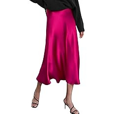 Zeagoo Womens Midi Skirt High Waisted Solid Satin Dress Zipper Elegant Work Skirts | Amazon (US)