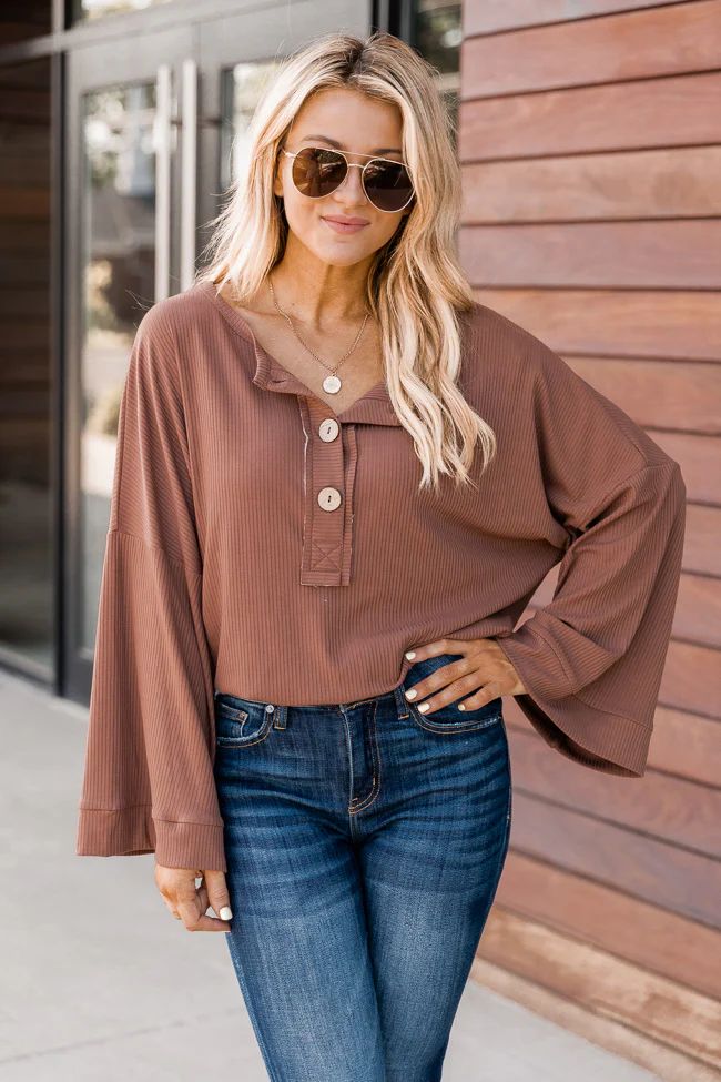 Leave You Hanging Brown Ribbed Henley Bodysuit | The Pink Lily Boutique