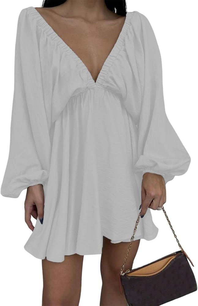 LOFAAC 2024 Women Sexy Deep V Neck Puff Long Sleeve Mini Dress Backless High Waist Ruffle Short D... | Amazon (US)