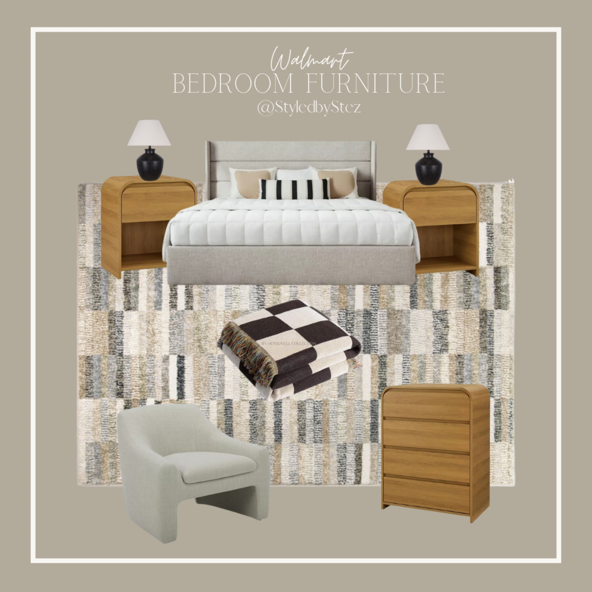 Walmart bedroom furniture, wooden nightstand and dresser, neutral rug, beige rug, black lamps, accent chair, checkered throw

#LTKhome