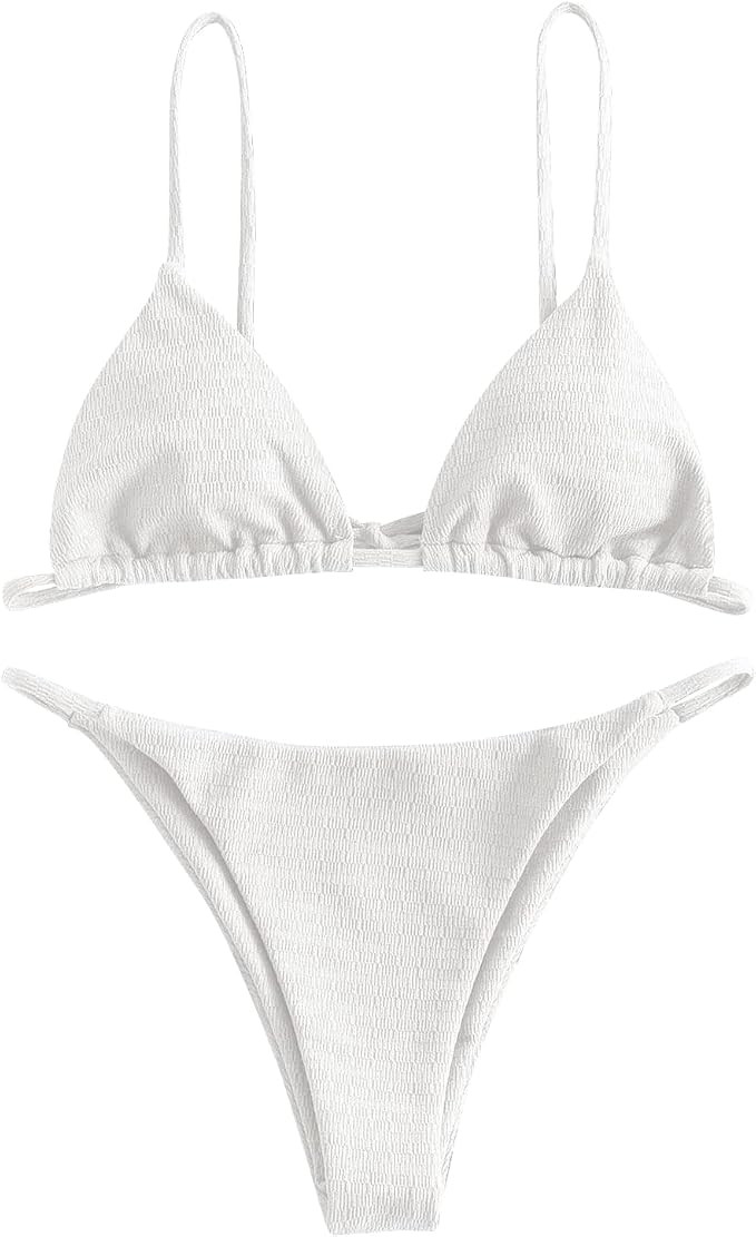 ZAFUL Womens Textured Tie String Bikini Swimwear Triangle Smocked Swimsuits Two Piece Set | Amazon (CA)