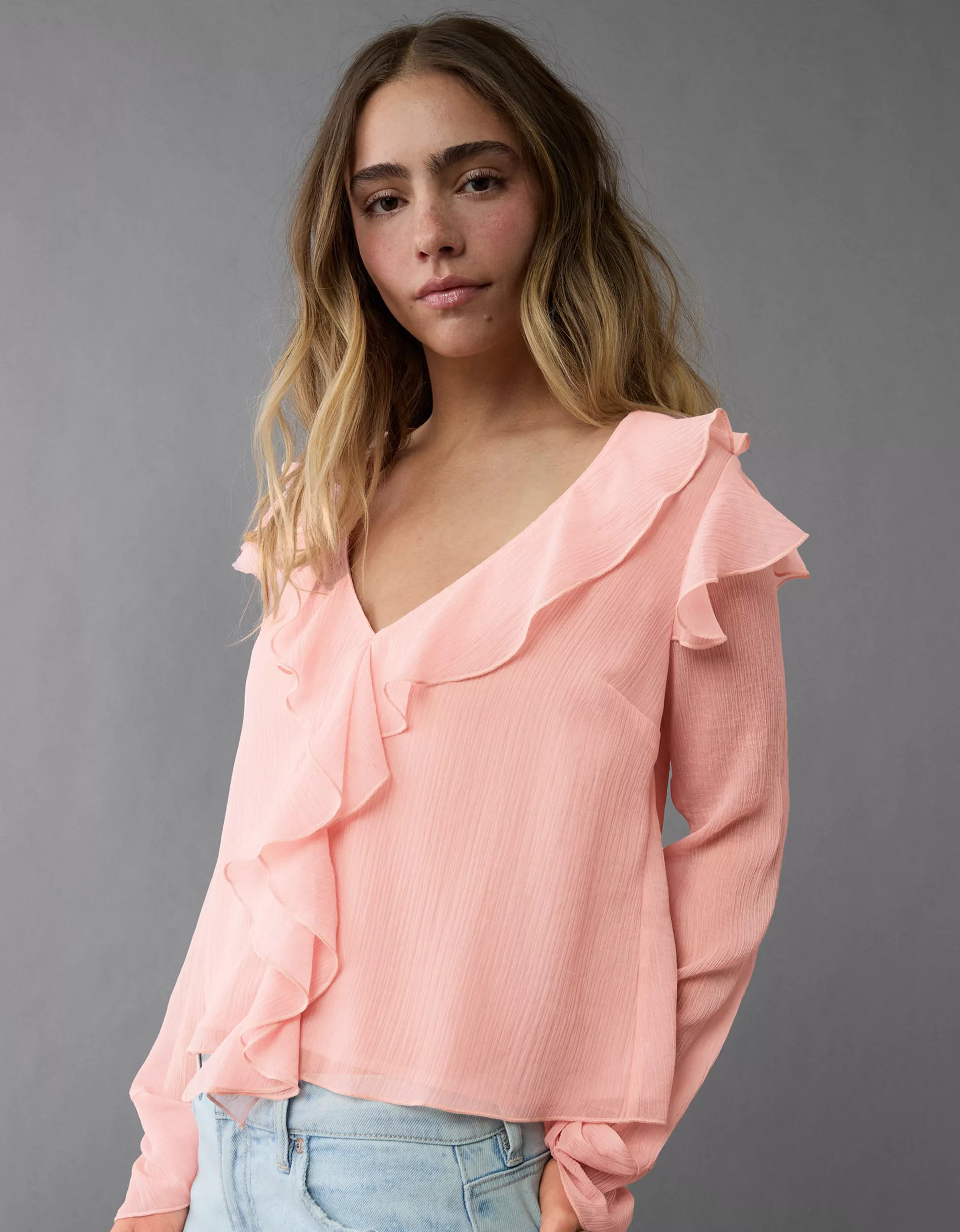 AE Chiffon Bell Sleeve Ruffle Blouse | American Eagle Outfitters (US & CA)