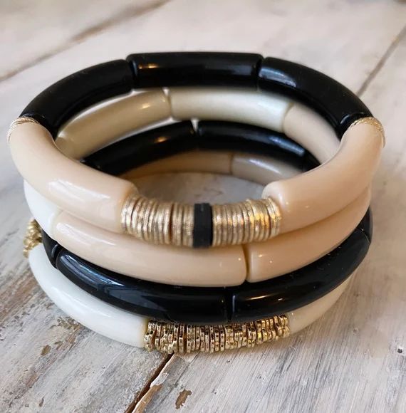 Neutral/ Black Acrylic bracelet stack/ gold spacers/ two toned | Etsy | Etsy (US)