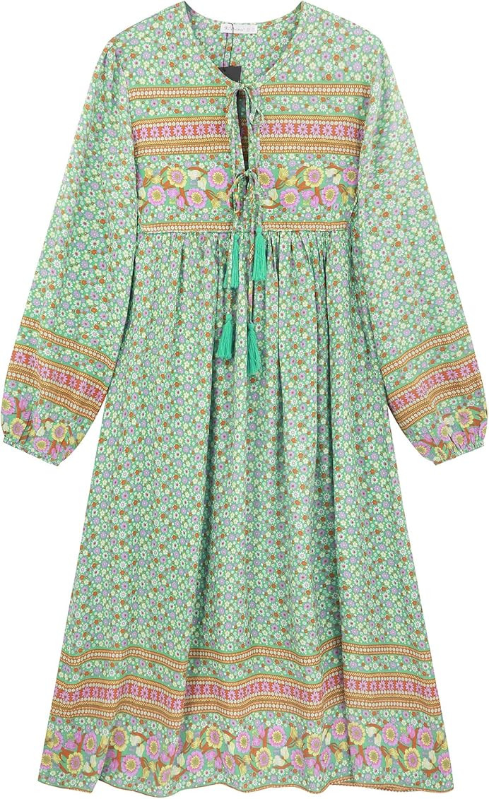 R.Vivimos Women's Long Sleeves Floral Print Retro V Neck Tassel Casual Bohemian Midi Dresses | Amazon (US)