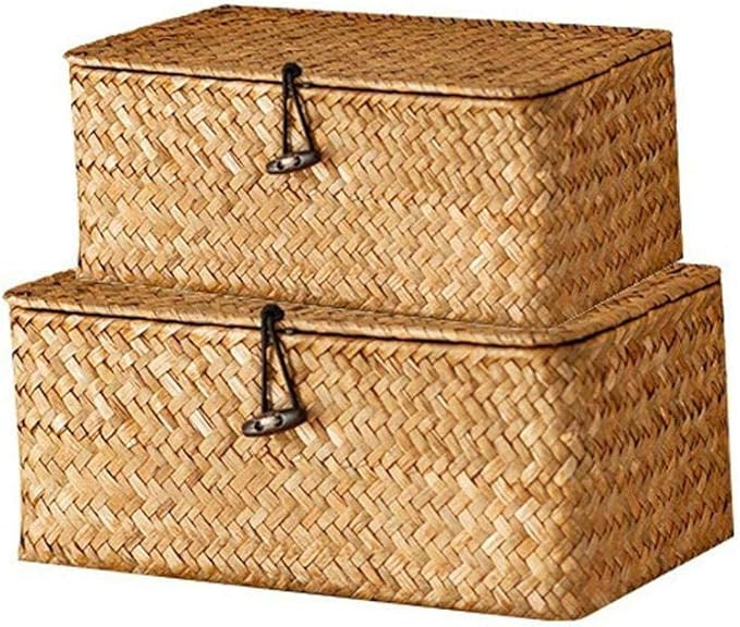 Storage Shelf Basket with Lid Rectangular Handmade Seagrass Rattan Woven Makeup Organizer Multipu... | Amazon (CA)