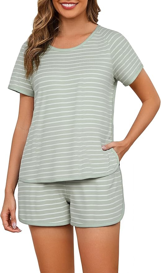 Cotton Pajama Sets for Women 2 Piece Lounge Set Stripe Pj Set Loungewear Short Sleeve Top and Sho... | Amazon (US)