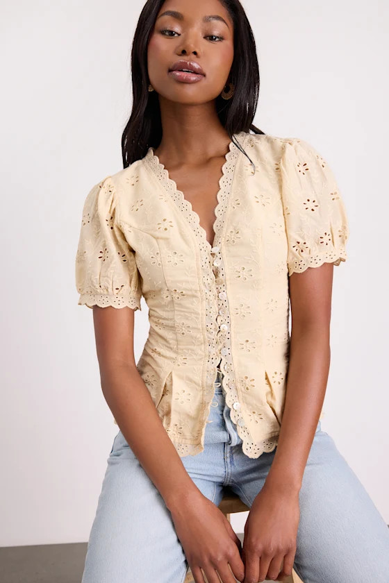 Briar Beige Eyelet Embroidered Button-Front Top | Lulus