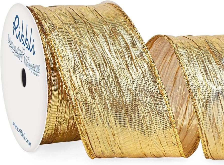 Ribbli Christmas Tree Ribbon-Gold Crinkled Wired Ribbon with Metallic Gold Edge, Christmas Ribbon... | Amazon (US)