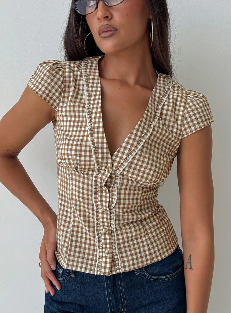 Bradlie Frill Detail Short Sleeve Blouse Top Chocolate Gingham | Princess Polly US