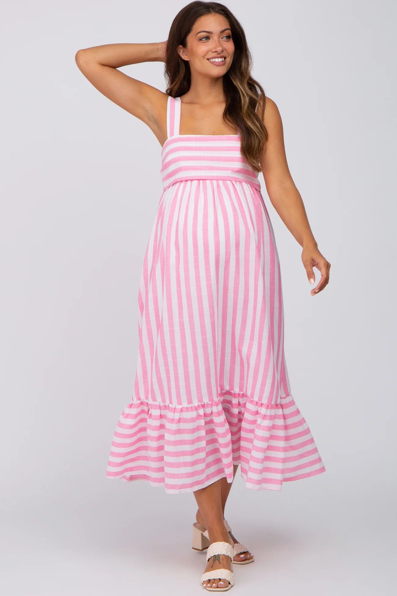 Pink Striped Sleeveless Ruffle Hem Maternity Maxi Dress | PinkBlush Maternity