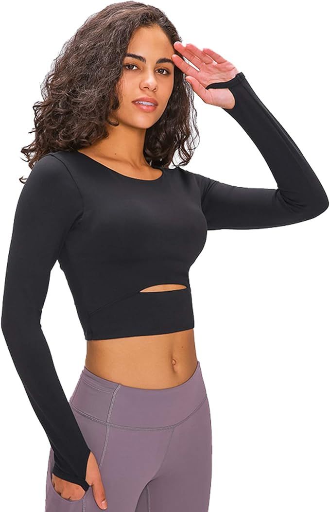 Workout Yoga Tops for Women, Removable Crop Top Padded Compression Long Sleeve Fitness Athletic Y... | Amazon (US)