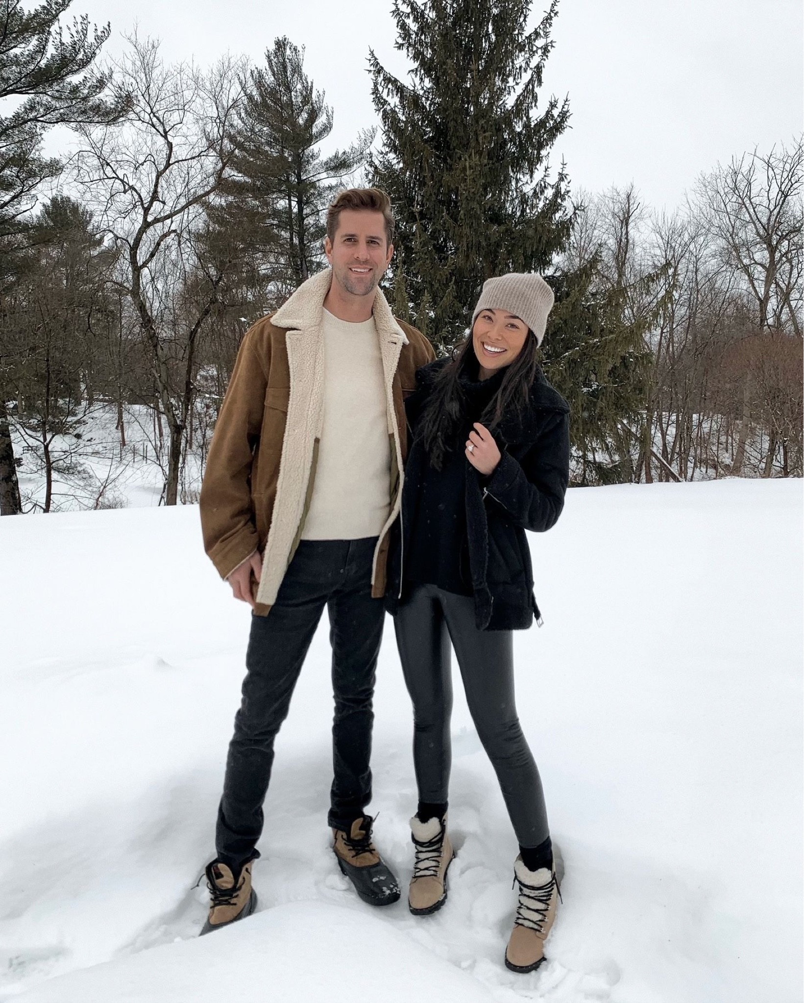 Kat Jamieson of With Love From Kat wears a winter outfit. Cashmere beanie, black turtleneck, faux leather leggings, shearling jacket, snow boots.

#LTKSeasonal