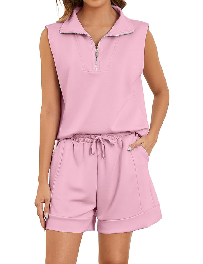 Women Two Piece Outfits Half Zip Lapel Collar Sleeveless Sweatshirt High Waist Sweat Shorts Loung... | Amazon (US)