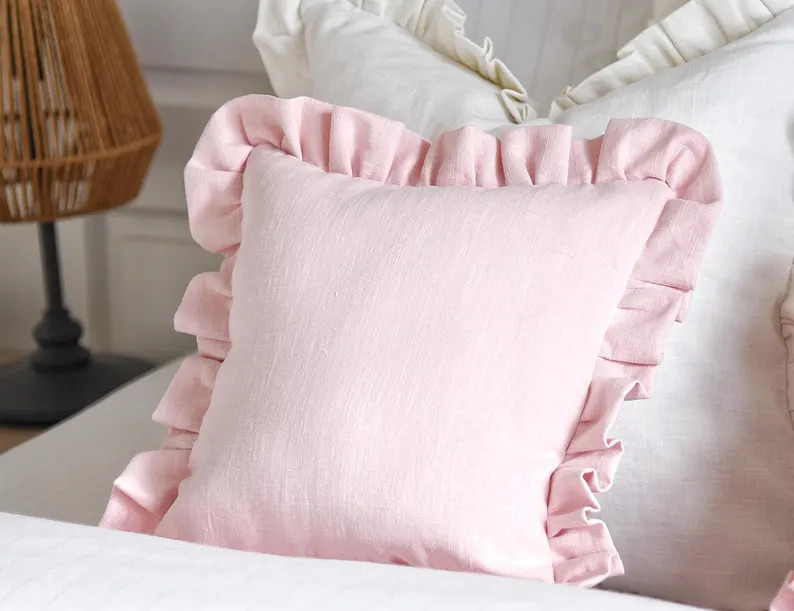 Pink Linen Ruffle Cushion Cover Small Size Nursery Linen Ruffle Pillow Lumbar Pink Pillow Bedroom... | Etsy (US)
