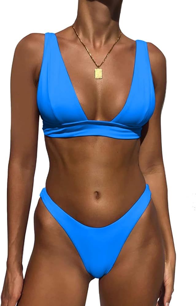 WODECASA Women's Triangle High Leg Bikini Swimsuit Brazilian Cut Thong Bathing Suits | Amazon (US)