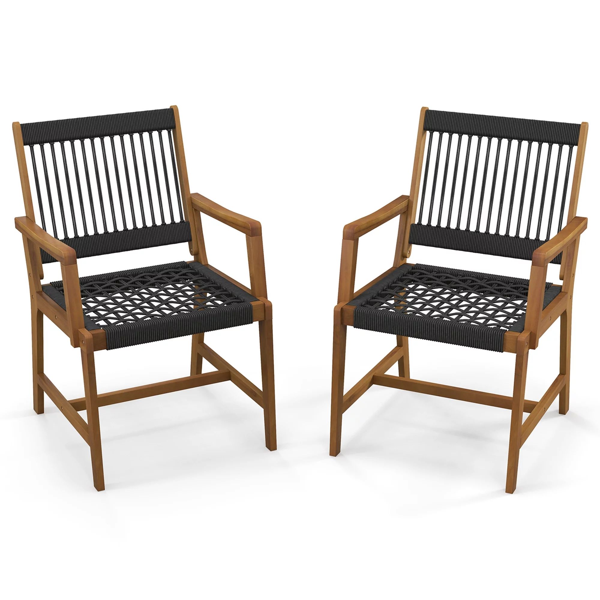 Costway Patio 2pcs Acacia Wood Dining Chairs All-Weather Rope Woven Armchairs Outdoor | Walmart (US)