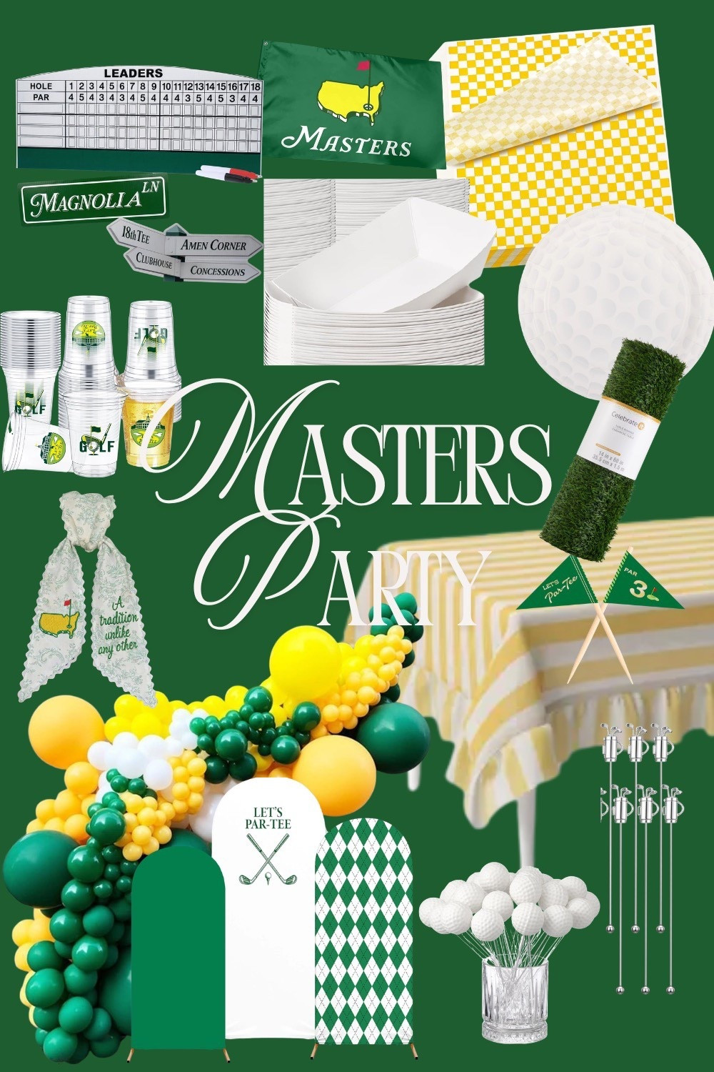 This will be my second year hosting a masters party. I love a theme party so here is your one stop shop if you’re hosting a masters party - from decor, tablescape and other accessories #eventplanner #partydecor #golf