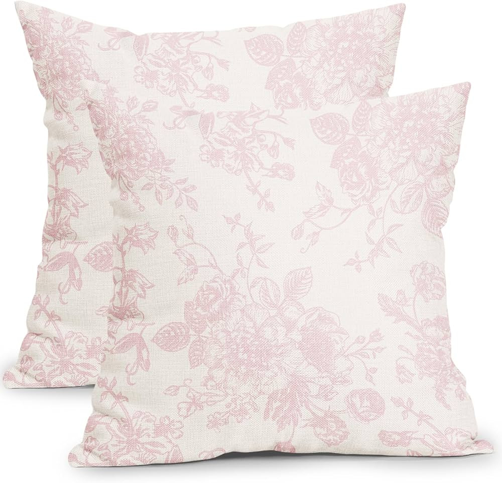 Vintage Floral Pillow Covers 18x18 Inch Set of 2 Light Pink and Cream Floral Throw Pillow Covers ... | Amazon (US)