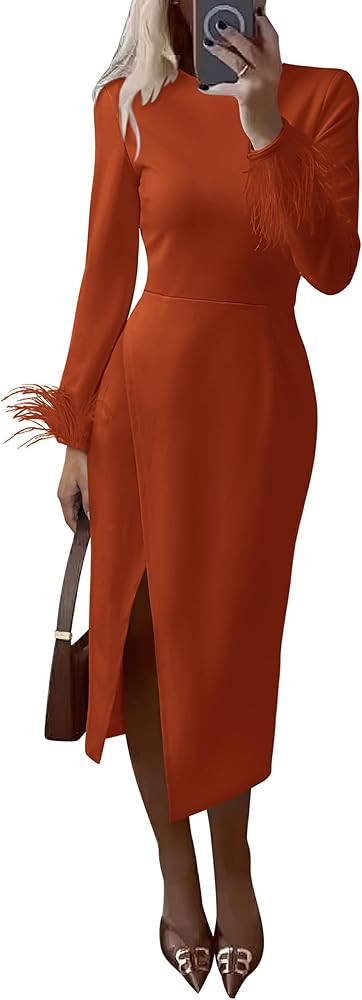 PRETTYGARDEN Women's 2023 Fall Long Sleeve Dress Formal Midi Bodycon Wrap Slit Feather Elegant We... | Amazon (US)