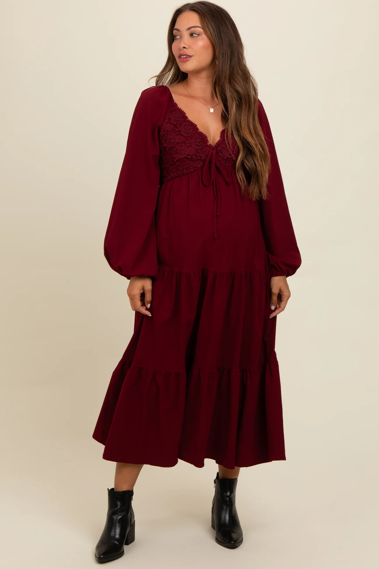 Burgundy Contrast Lace Bodice Tiered Maternity Midi Dress | PinkBlush Maternity