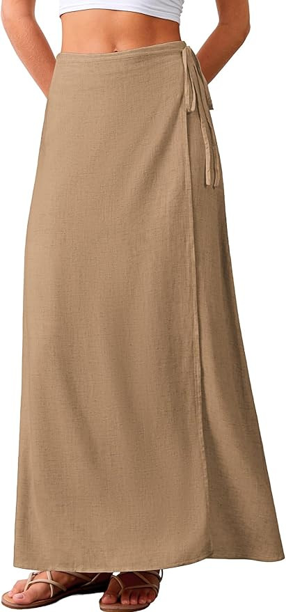 ELLEVEN Linen Wrap Maxi Skirt Elastic Back Waistband Flowy A Line Summer Casual Long Skirt | Amazon (US)