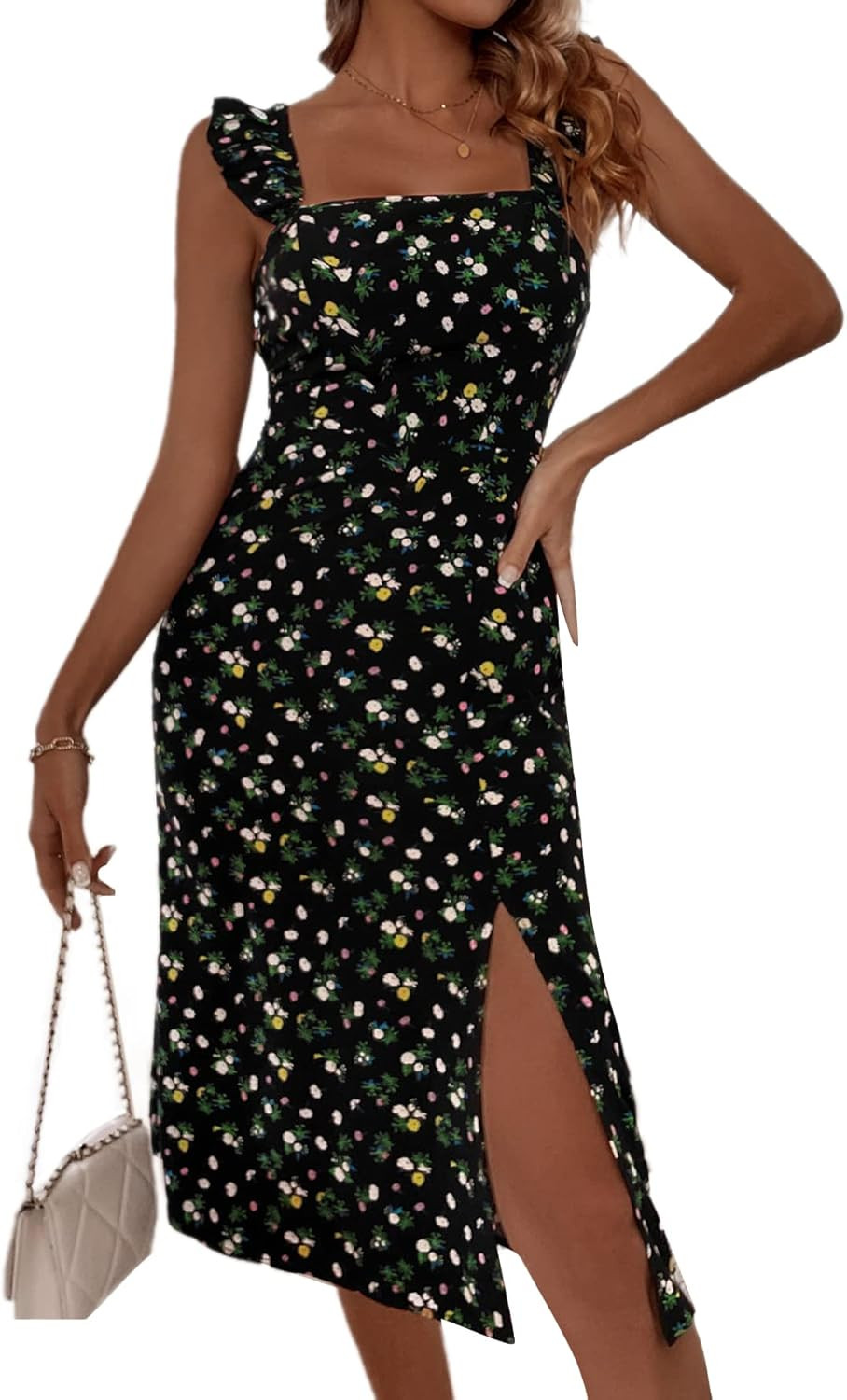 SOLY HUX Women's Floral Midi Dress Boho Split Ruffle Sleeveless A Line Swing Summer Dresses | Amazon (US)