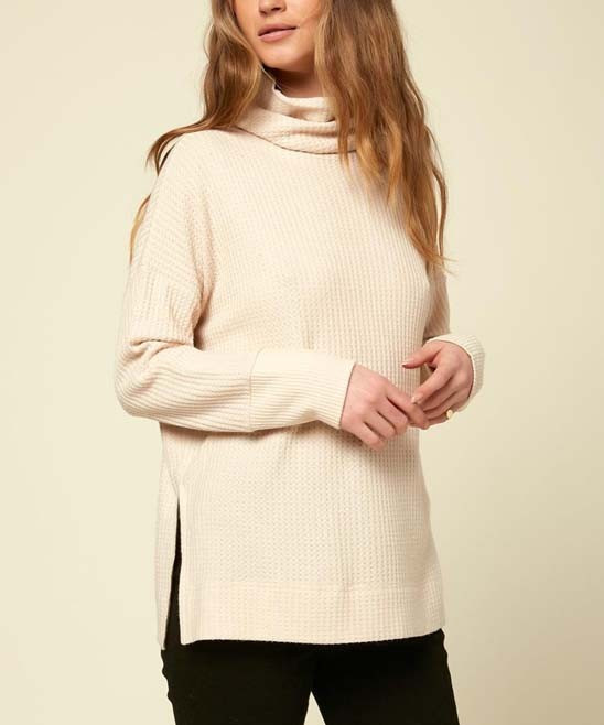 O'Neill Women's Turtlenecks SND - Sand Ribbed Yael Split-Hem Waffle-Knit Turtleneck - Women | Zulily