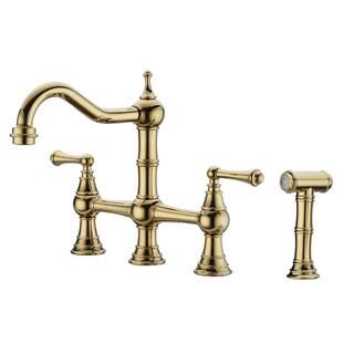 YASINU Double Handle Bridge Kitchen Faucet with Pull-Out Side Sprayer in Brushed Titanium Gold | The Home Depot