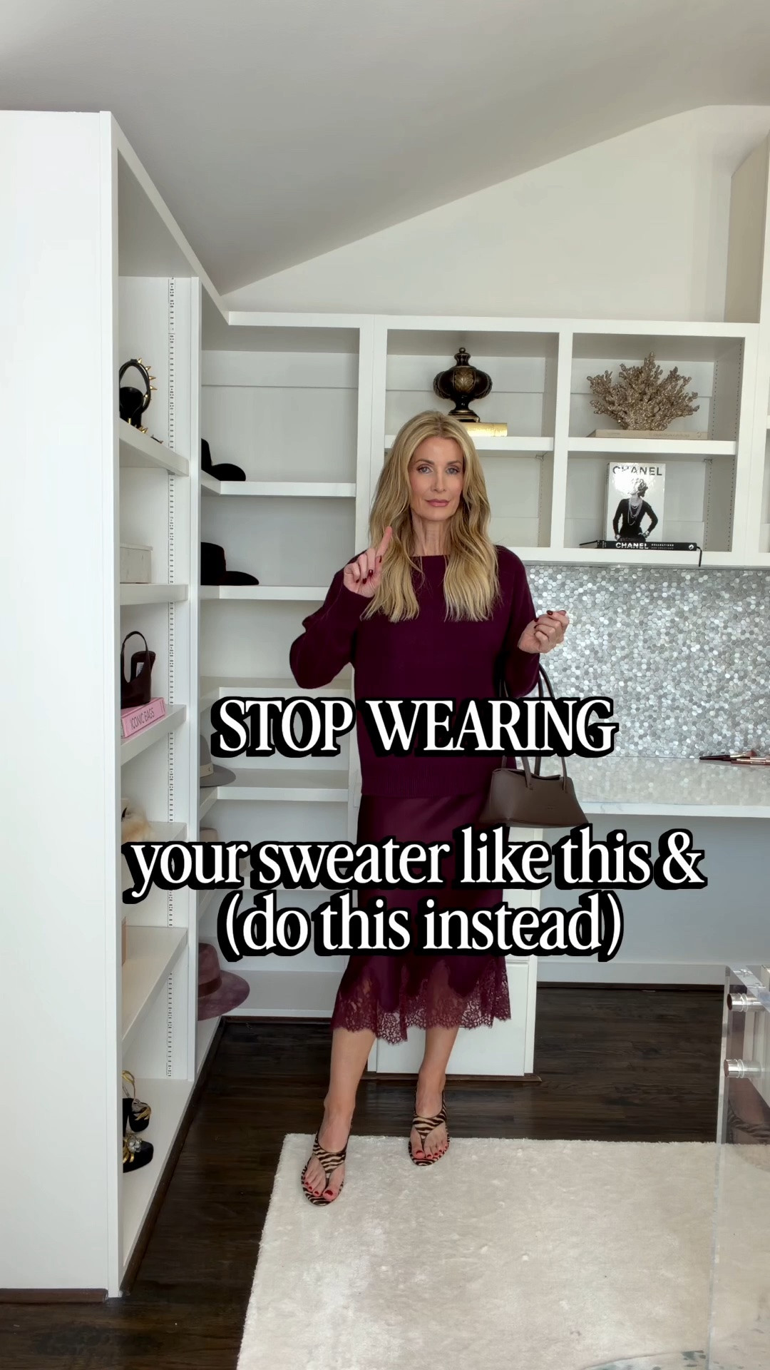 Frumpy to fabulous with ONE tuck 🔁

That sweater slouch? Not it. Just tuck the front of your sweater up into your bra, and it creates this beautiful cropped, asymmetrical hemline that shows off your waistline — no tailoring required.

The look: a beautiful burgundy real cashmere sweater with a matching burgundy satin lace-trim midi skirt — love a monochromatic moment. I added interest by topping it off with these fabulous Veronica Beard zebra heels. These are guaranteed to elevate every look this fall.

Try this tuck on your own oversized sweaters and tell me how it turns out 👇

Sizing: XS in the sweater, XS in the skirt

#LTKootd #LTKgrwm #LTKOver40