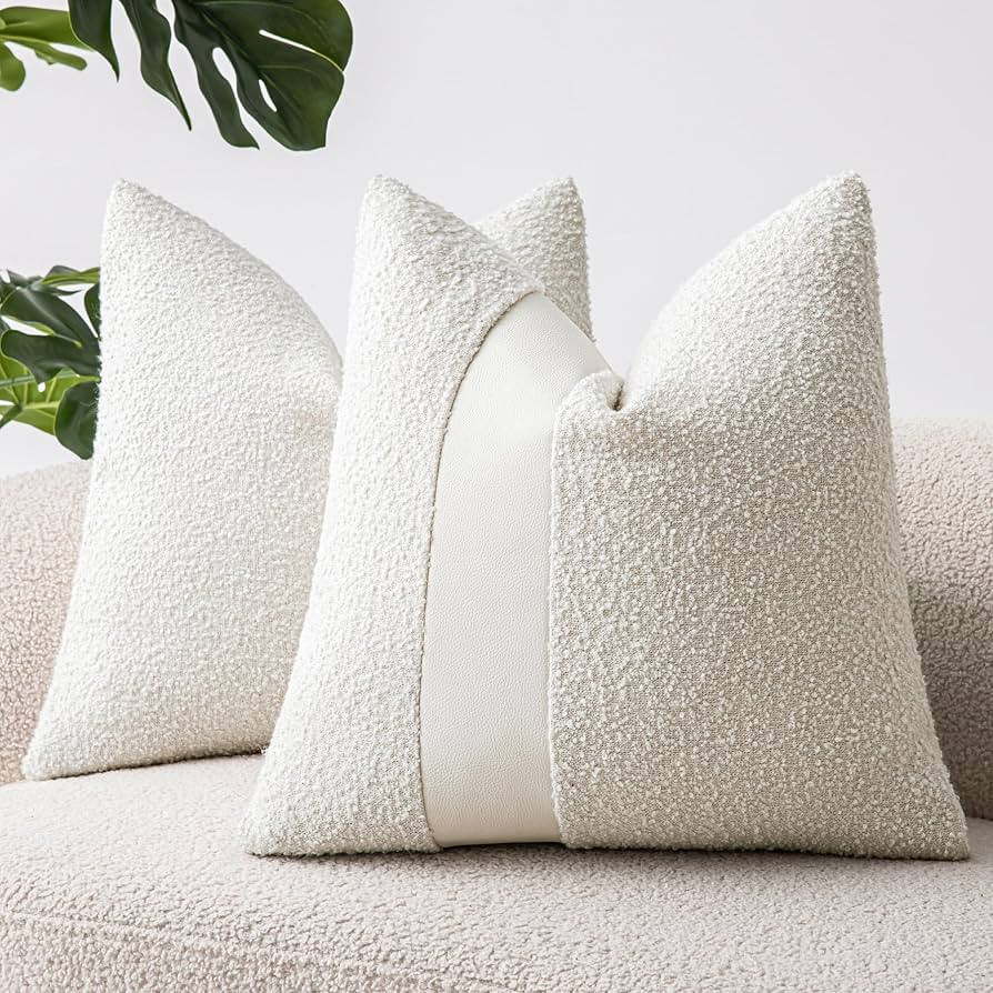 SINYASAN 18"x18" White Boucle Throw Pillow Covers with Faux Leather Accents Set of 2 Fluffy Textu... | Amazon (US)