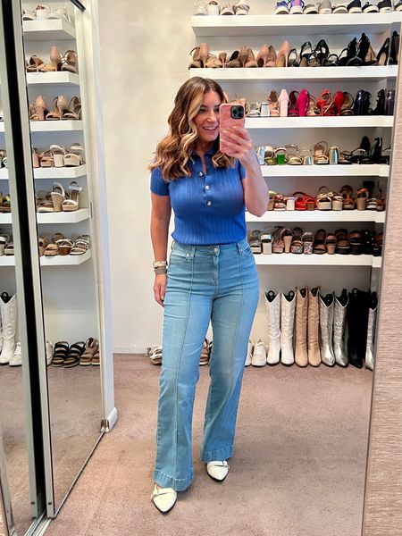 Amazon ribbed polo top on sale, wide leg jeans, buckle ballet flats, silver earrings, Beachwaver curling iron, curling wand, casual workwear outfit 

#LTKShoeCrush #LTKFindsUnder50 #LTKStyleTip