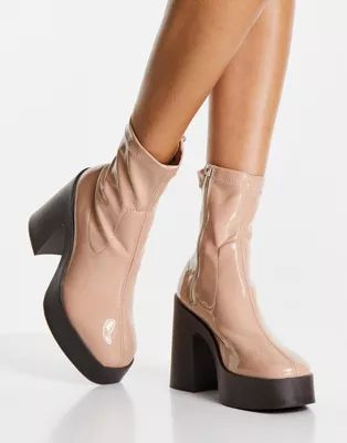ASOS DESIGN Elsie high heeled sock boots in beige patent | ASOS (Global)