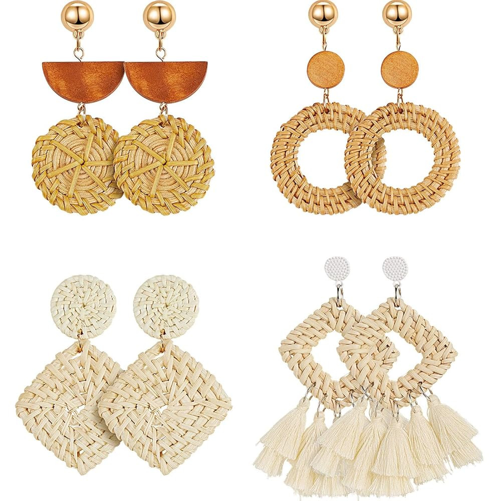 meekoo 4 Pairs Rattan Earrings for Women Beach Essentials Tassel Dangle Boho Straw Earrings | Amazon (US)